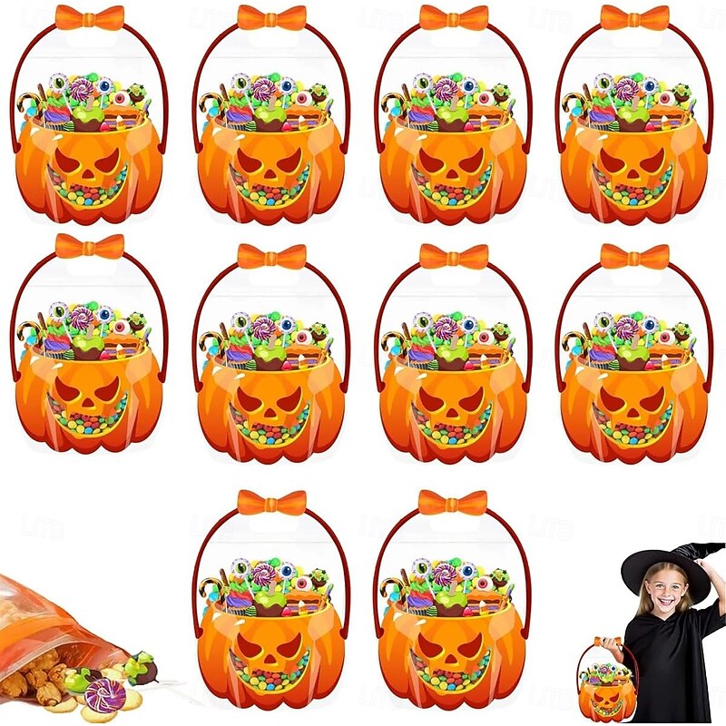 10Pcs Halloween Favor Bags Transparent Pumpkin/ Cauldron Sealed Pouches with Handles Resealable Happy Plastic Favor Bags for Holiday Party Candy Gift Wrapping Supplies Decoration