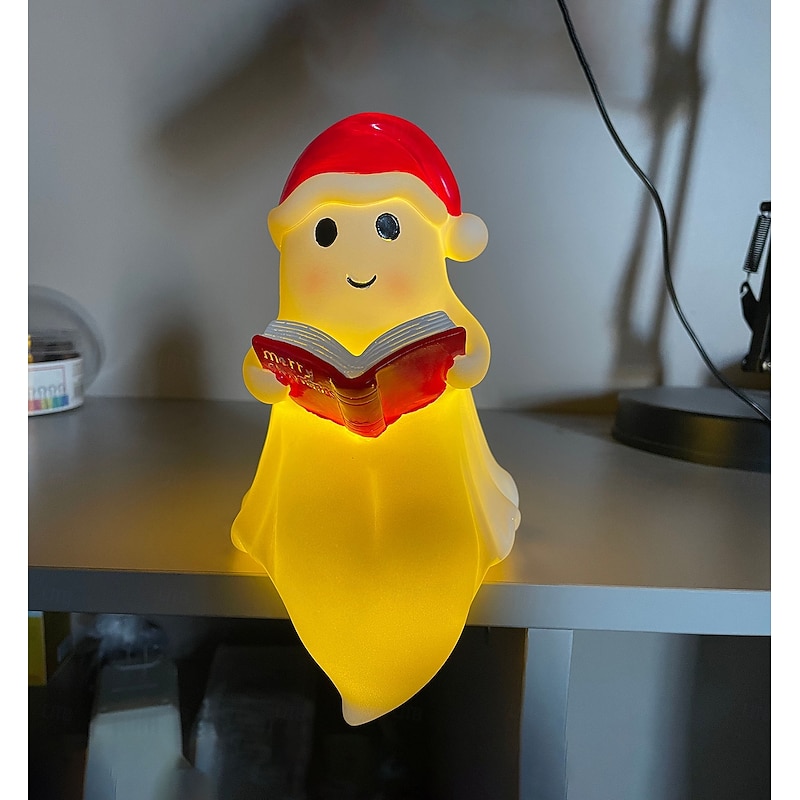 Ghost Reading Book Lamp Christmas Hat Little Ghost Lamp with Book 3D Xmas Ghost Night Light Cute Christmas Light Up Ghost Statue Night House Mantel Bedroom Shelf Decor Gifts4