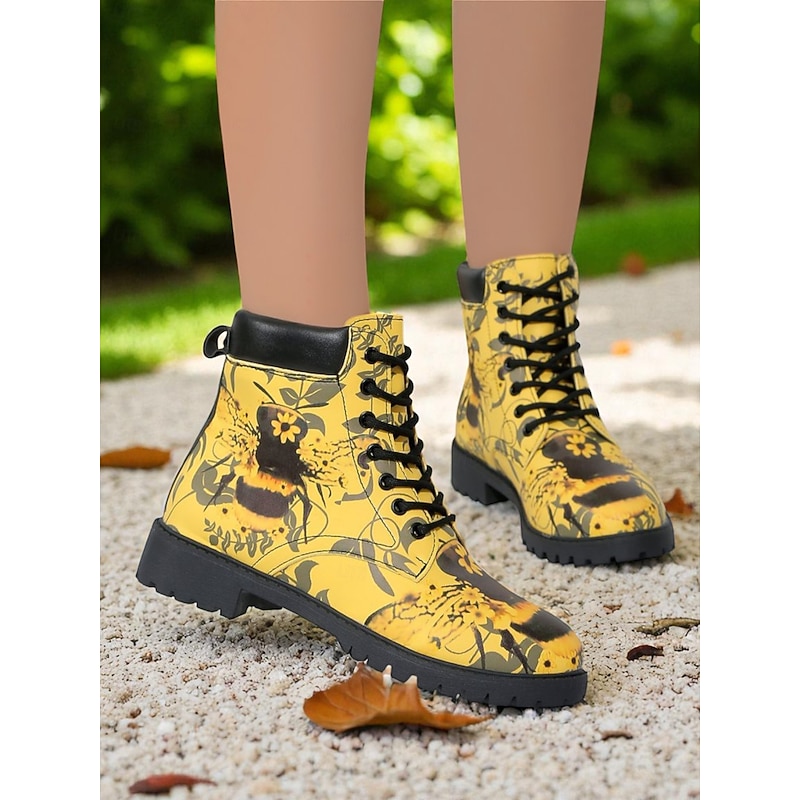 Women's Yellow Combat Boots – Lace-Up Ankle Boots with Yellow Bee Print and Lug Sole for Streetwear and Casual Fashion4