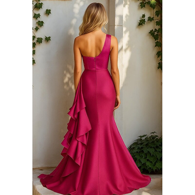 Mermaid / Trumpet Evening Gown Elegant Formal Dress Formal Wedding Sweep / Brush Train Sleeveless One Shoulder Satin with Ruched Ruffles 20252
