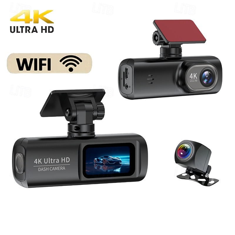 High-definition 4K front and 1080P rear dual-lens dash cam with WiFi mobile connectivity car DVR loop recording comes with a 32GB memory card.
