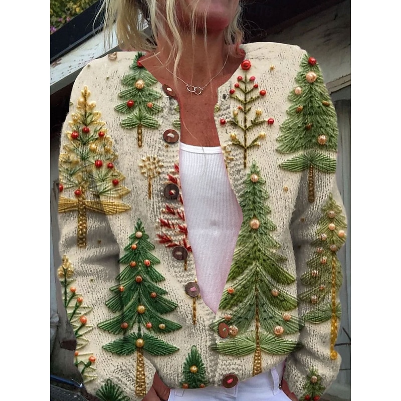 Women's Cardigan Daily Graphic Tree Ribbed Crew Neck Buttons Print Long Sleeve Regular Tops Knit Outdoor Holiday Weekend Green Beige Fall Winter