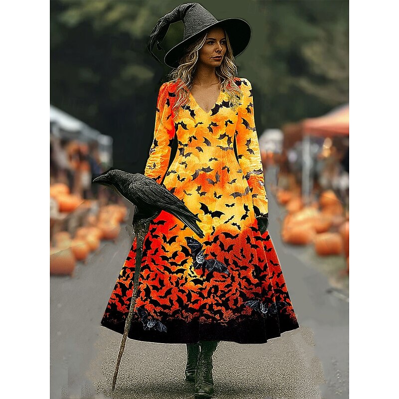Halloween Women's Witch Print Midi Dress A Line Dress Vacation Casual Wedding Party Birthday Regular Fit Floral Graphic Rose 3/4 Length Sleeve V Neck Yellow Pink Blue Orange Spring Fall4