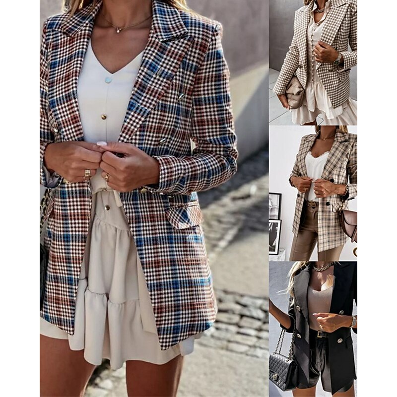 Women's Blazer Comfortable Pocket Elegant Fashion Outdoor Lattice Going out Casual Daily Weekend Double Breasted Regular Lapel Regular Fit Long Sleeve Outerwear Black Khaki Apricot Spring Fall