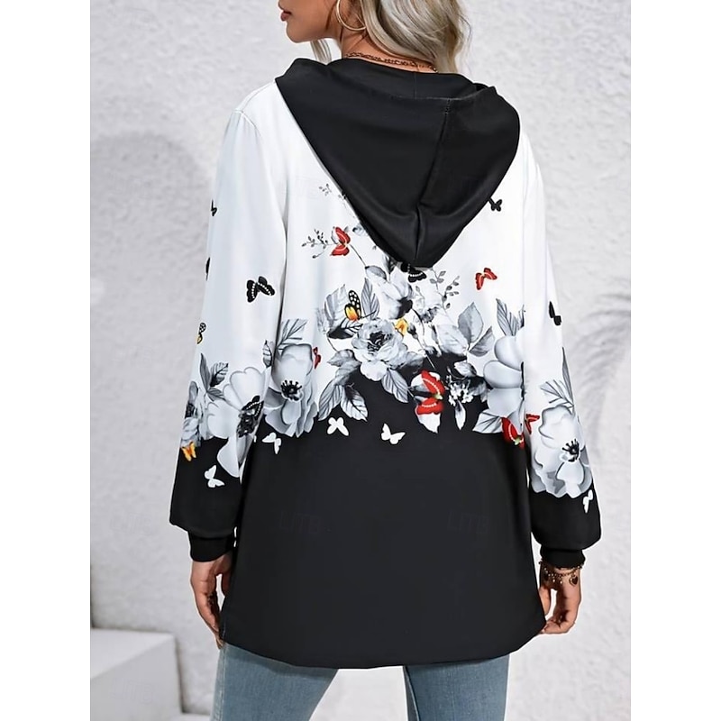 Women's Casual Jacket Hoodie Jacket Comfortable Breathable Zipper Pocket Print Casual Floral Vacation Street Daily Wear Going out Zipper Regular Hooded Regular Fit Long Sleeve Outerwear Black Wine3