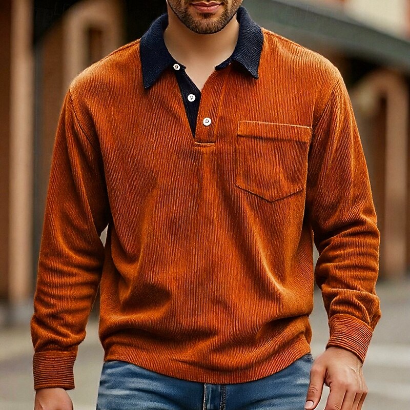 Men's Corduroy Shirt Golf Shirt Work Casual Lapel Long Sleeve Basic Modern Color Block Pocket Buttons Spring Fall Regular Fit Black White Red Navy Blue Blue Orange Corduroy Shirt4