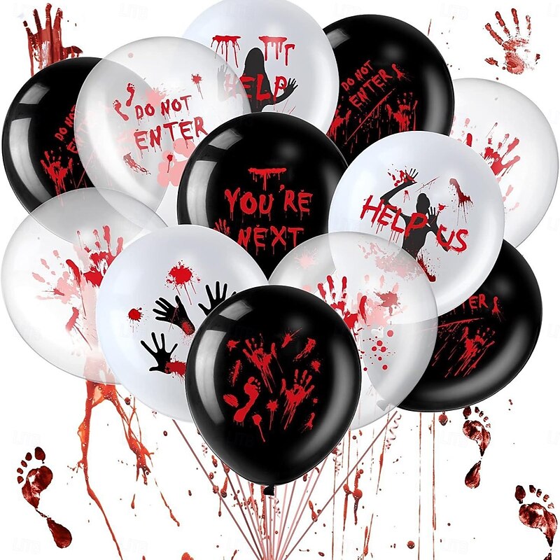 18pcs Scary Halloween Balloons 12 Inch - Blood Splatter & Horror Phrases Latex Balloons with Eye Design Zombie Handprints Black & White Decor for Vampire Birthday Party Supplies Spooky Balloon Des