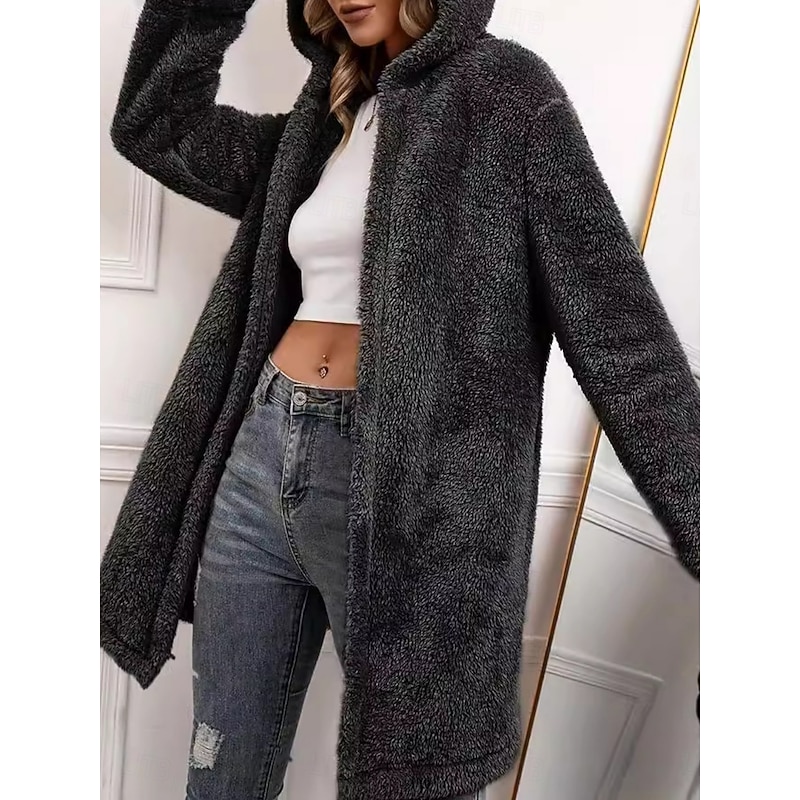 Women's Winter Coat Sherpa Jacket Comfortable Breathable Open Front Casual Plain Vacation Street Casual Daily Wear Open Front Long Hooded Loose Fit Long Sleeve Outerwear Black Spring Fall2