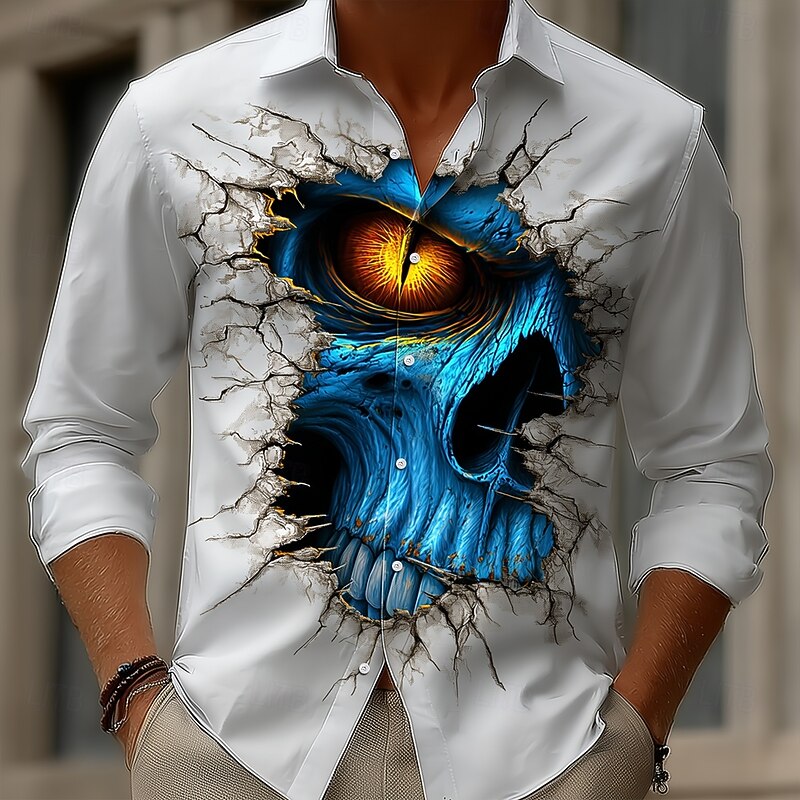 Halloween Men's Skull Big Eyes Cracked Wall Shirt Button Up Shirt Long Sleeve Dark Gothic Style Holiday Streetwear Spring Fall Turndown 3D Print Collared Shirts Red Blue Purple Green