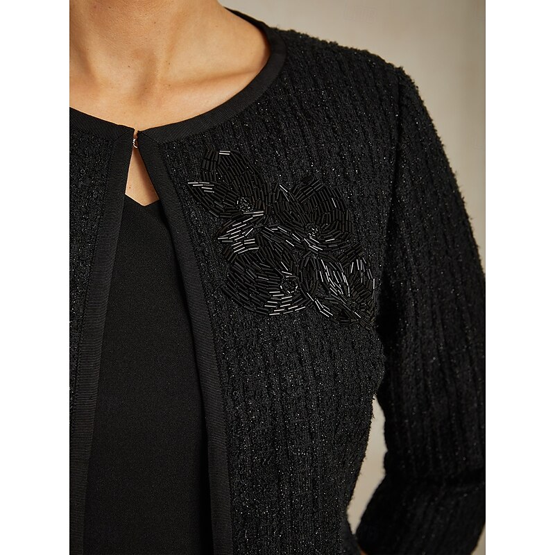 Women's Jacket Trench Coat Warm Beaded Elegant Formal Party Wedding Guest Work Short Crewneck Regular Fit Long Sleeve Outerwear Black Spring Fall3