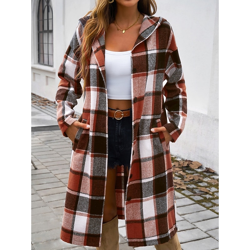 Women's Hoodie Jacket Comfortable Breathable Pocket Buttons Print Casual Plaid Vacation Street Casual Daily Wear Single Breasted Long Hooded Loose Fit Long Sleeve Outerwear Brown Green Khaki Spring2