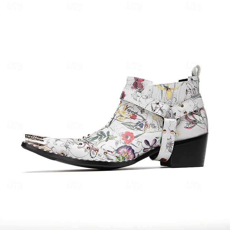 Men's Floral Print Leather Ankle Boots with Pointed Toe and Metal Buckle – Vintage Western Style Harley Motorcycle Boots for Fashion Shows, Concerts and Nightlife3