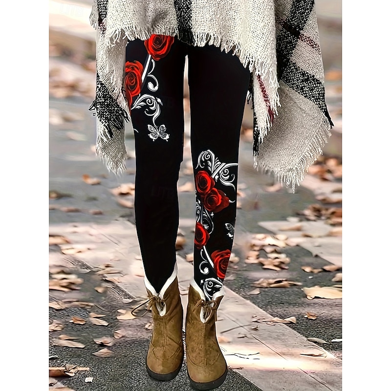 Women's Leggings Vintage Fashion Streetwear Full Length High Waist Floral Graphic Printing Thermal Warm Soft Breathable Stretchy Outdoor Street Daily Red Spring Fall Winter Slim Fit