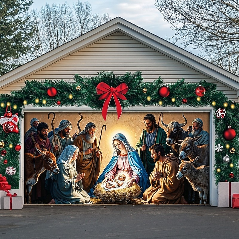 Christmas Outdoor Garage Door Cover Nativity Scene Jesus Birth Large Tapestry Backdrop Holiday Party Wall Decoration For Outdoor Garage Door Home Christmas Festival Religious Celebration Decor