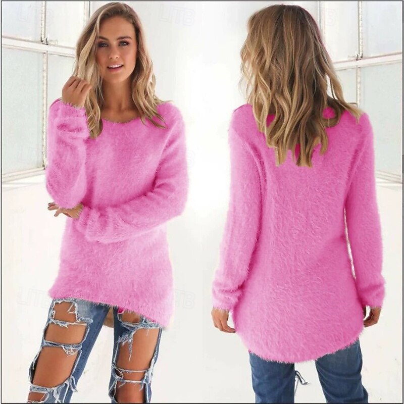 Women's Pullover Sweatshirt Plain Fuzzy Cozy Ribbed Knitted Active Fashion Streetwear Long Sleeve Crew Neck Round Neck Regular Tops Street Dailywear Casual Patchwork Pink Spring Fall
