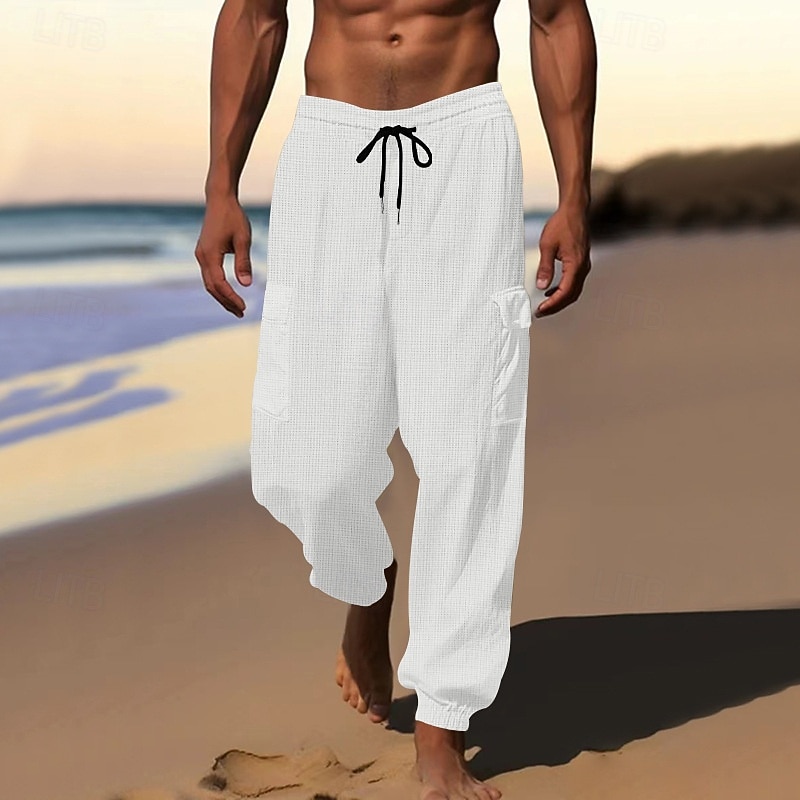 Men's Cargo Sweatpants Sweatpants Waffle Pants Drawstring Plaid Breathable Full Length Daily Casual / Sporty White 1 Black 1# Micro-elastic