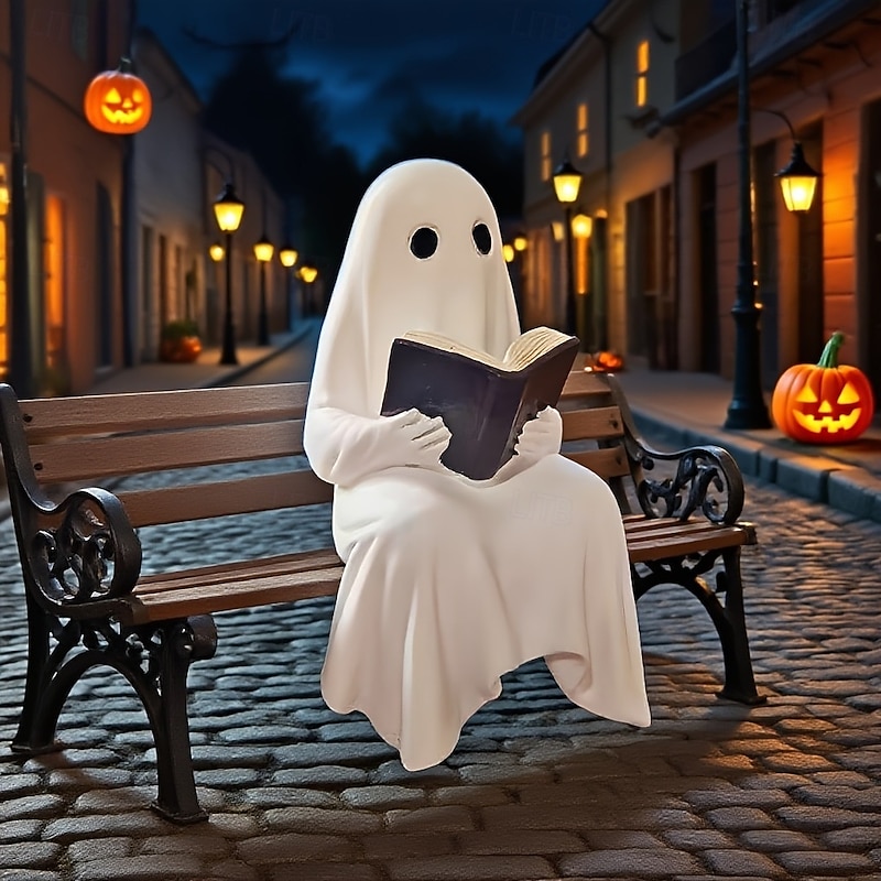 Halloween Cute Ghost Decoration Reading Book Resin Figurine Spooky Tabletop Desk Ornament, Haunted House Mini Statue, Creepy Cute Decoration for Home, Office & Party Decor