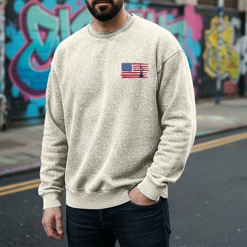 Men's Sweatshirt Distressed Hoodie Apricot Black Pink Army Green Brown Crew Neck American Flag Print Daily Holiday Going out 100% Cotton Vintage Retro Casual Fall Winter Clothing Apparel Hoodies4