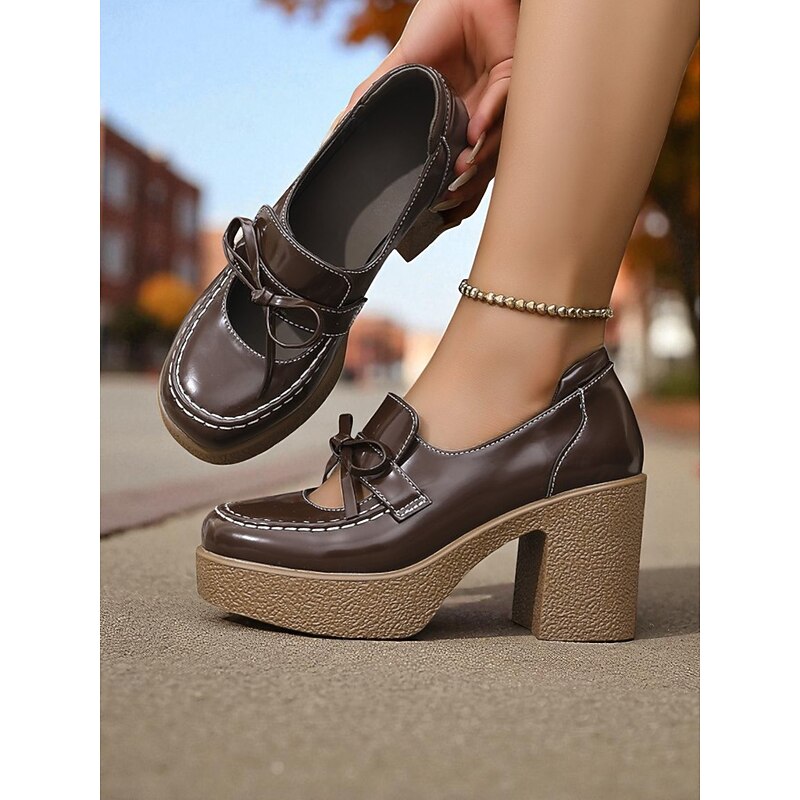 Women's Brown Patent Faux Leather Platform Loafers - Retro 1980s Chunky Heel Bow Slip-On Shoes for School, Fall Outfits & Daily Wear4