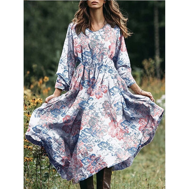 Women's Midi Dress A Line Dress Vacation Casual Boho Daily Beach Loose Fit Floral Graphic Paisley Long Sleeve V Neck Pink Blue Purple Green Spring Fall Winter Autumn4
