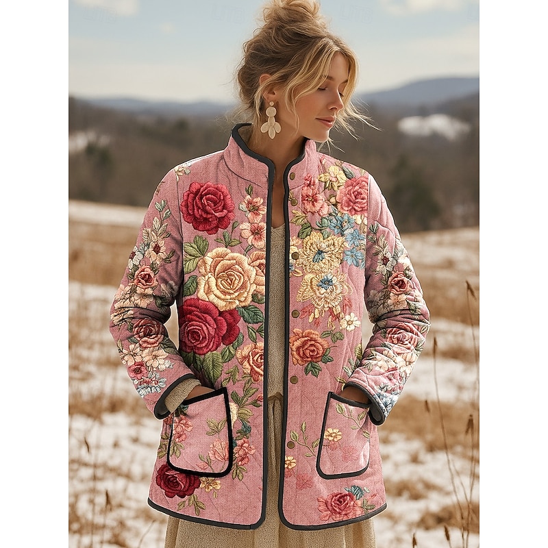 Women's Winter Jacket Quilted Jacket Warm Lightweight Print Active Vintage Cute Artistic Floral Casual Regular Stand Collar Regular Fit Long Sleeve Outerwear Pink Blue Purple Fall Winter
