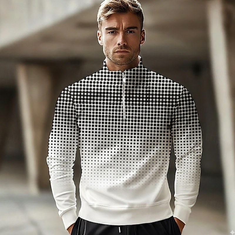 Men's Geometic Polo Long Sleeve Standing Collar Athleisure Vacation Athleisure Casual Daily 3D Print Spring Fall Winter Black Blue Green