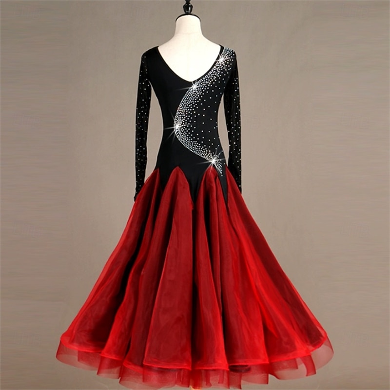 Women's Black and Red Ballroom Dance Dress with Rhinestone Detailing, Long Sleeves, and Full Tulle Skirt – Perfect for Latin, Waltz, and Performance Wear2