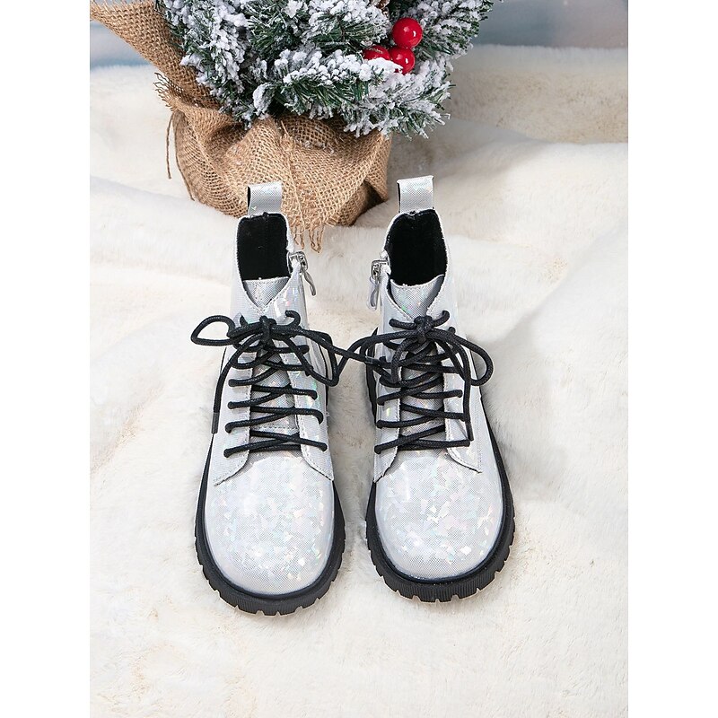 Korean Idol Inspired Pop Star Costume Shoes Girls' Silver Glitter Combat Boots with Lace-Up Design, Side Zipper, Non-Slip Sole Winter Fashion Footwear for Stage Performance and Casual Wear3