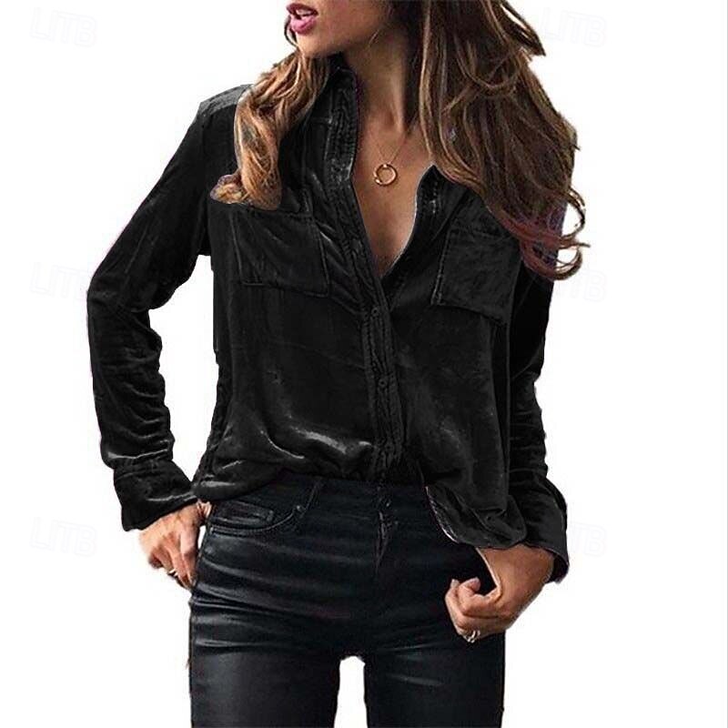 Women's Shirt Blouse Plain Active Stylish Long Sleeve Shirt Collar Regular Tops Party Evening Wear Holiday Going out Pocket Buttons Grass Green Black Royal Blue Brown Dark Gray Spring Fall2