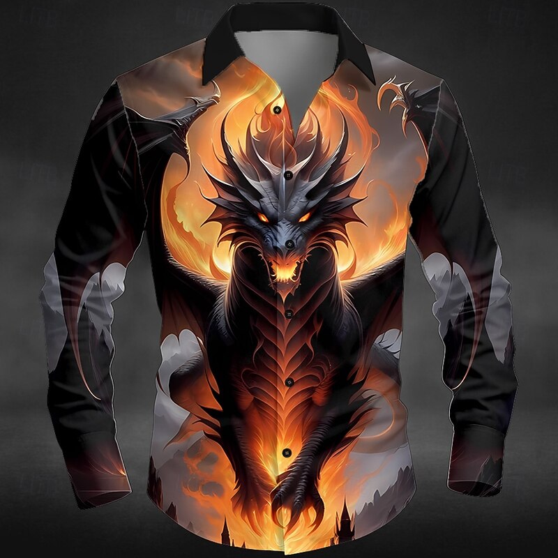 Halloween Men's Dragon Hellfire Flames Devil Shirt Button Up Shirt Long Sleeve Dark Gothic Style Holiday Streetwear Spring Fall Turndown 3D Print Collared Shirts Black / Green Black / Purple Black