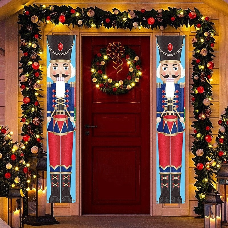 Christmas Porch Banner with Puppet Design, Holiday Door Hanging Signs, Xmas Couplets Decoration for Home Outdoor