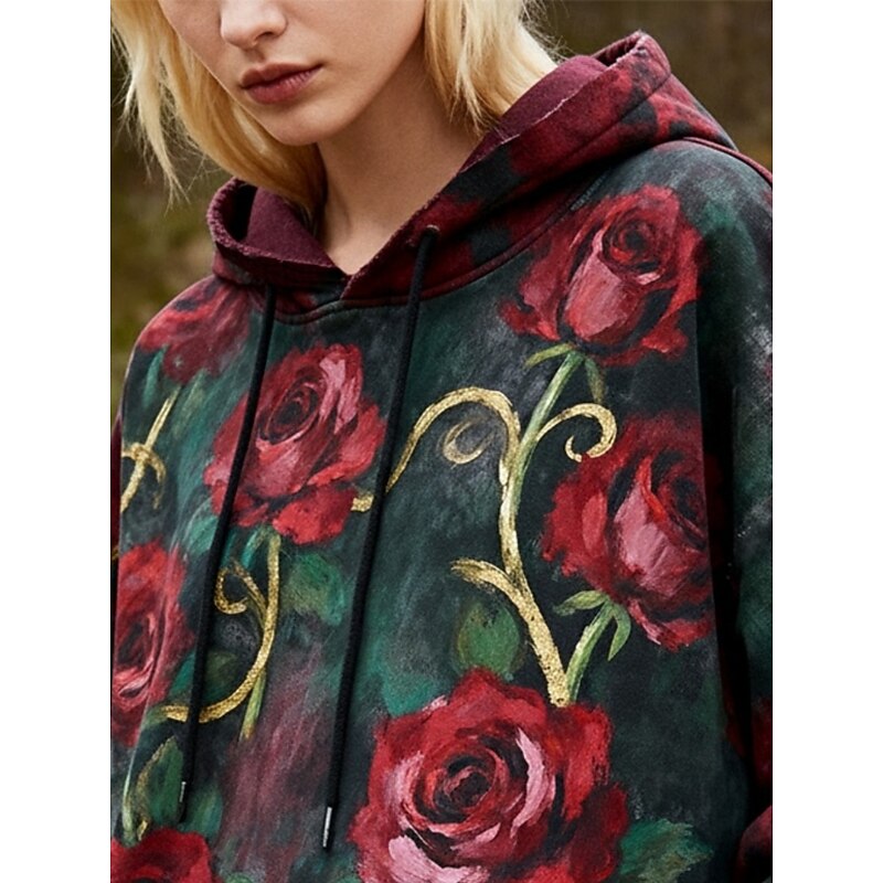 Women's Pullover Hoodies Rose Vintage Streetwear Casual Long Sleeve Hooded Regular Tops Dailywear Casual Sports Drawstring Pocket Print Green Spring Fall Winter2