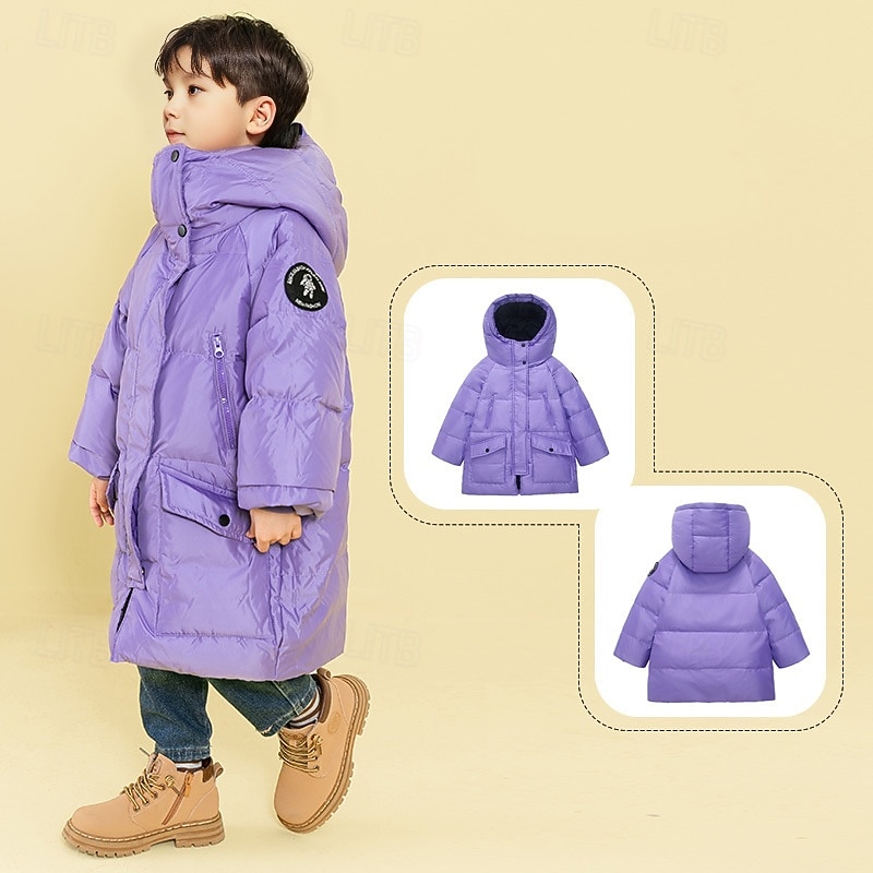 Kids Unisex Down Coat Hoodie Jacket Puffer Jacket Outerwear Solid Color Long Sleeve Pocket Coat Outdoor Daily Basic Black Red Purple Fall Winter 4 years+