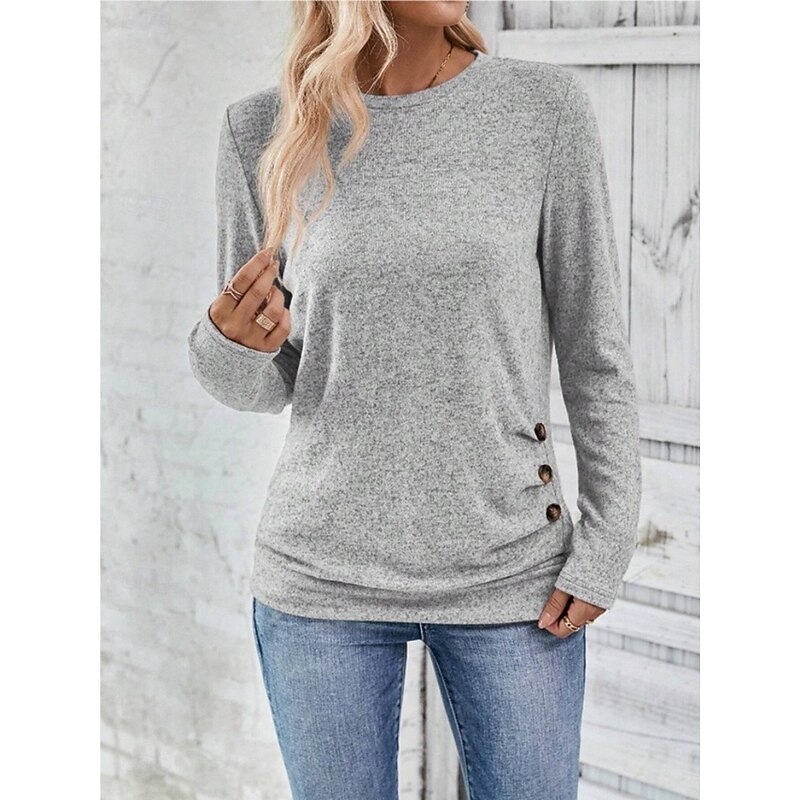 Women's Blouse Solid Color Tropical Stylish Casual Long Sleeve Crew Neck Regular Tops Daily Buttons Pink Sky Blue Green Gray Summer Spring Fall4