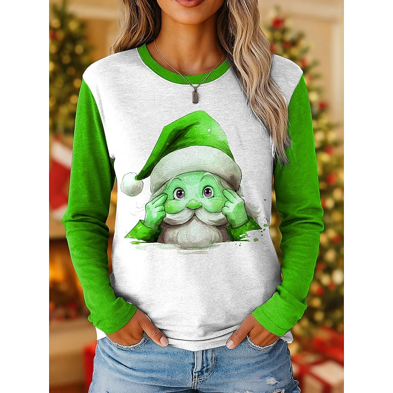 Christmas Women's T Shirt Graphic Santa Claus Vintage Fashion Stylish Long Sleeve Crew Neck Regular Tops Daily Weekend Print Red Blue Purple Green Spring Fall Winter3