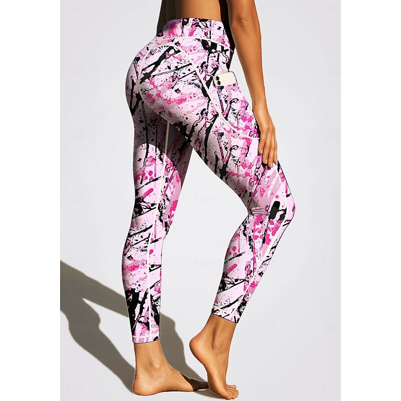 Women's Unisex pilates leggings fitness pants Gym Leggings Pockets Stamp Duty Side Pockets Pilates Gym Gym Workout Pants Tights Leggings Graphic Abstract Graffiti Dark Grey Pink Blue Sports Activewear4