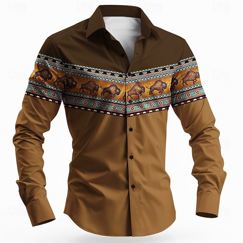 Men's Bull Ethnic Indian Culture Shirt Button Up Shirt Long Sleeve Vintage Retro Tribal Outdoor Camping & Hiking Hunting Spring Fall Turndown 3D Print Collared Shirts Blue Brown Khaki
