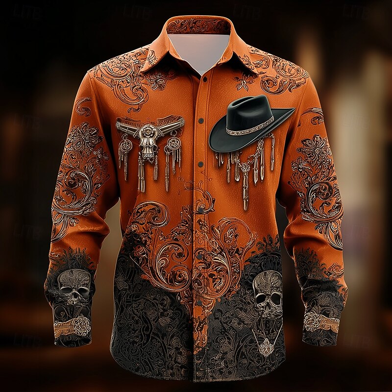 Men's Paisley Skull Cow Print Shirt Western Shirt Cowboy Shirt Long Sleeve Ethnic Vintage Retro Outdoor Vacation Spring Fall Turndown 3D Print Linen Like Shirt Blue Purple Orange Green Rose Red