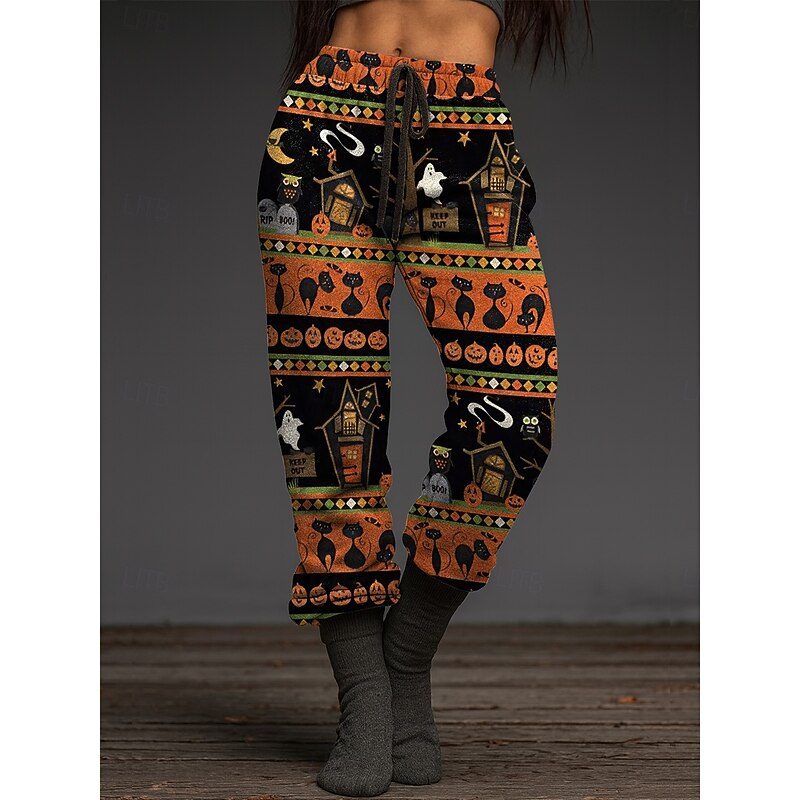 Women's Skinny Joggers Vacation Vintage Fashion Ankle-Length High WaistPantsHalloween Animal Cat Halloween Drawstring Patchwork Elastic Waistband Stretchy Formal Vacation Street Light Gray Dark Grey3