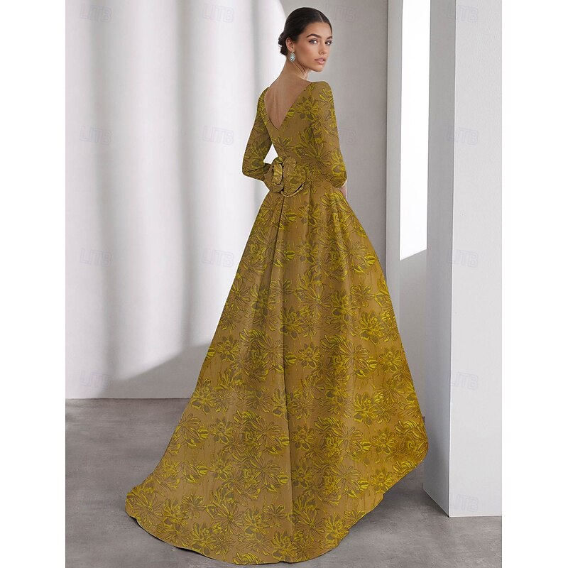 A-Line Evening Gown Elegant Formal Dress Formal Wedding Floor Length 3/4 Length Sleeve V Neck Pocket Nylon with Floral Print Ruched 20252