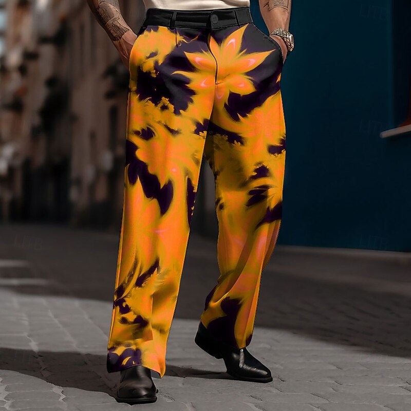 Men's Maple Leaf Dress Pants Trousers Suit Pants Mid Waist Casual Dailywear Holiday Relaxed Fit Flat Front Dress Pants with Side Pockets Spring Fall 3D Print Black / Green Black / Red Black / Orange