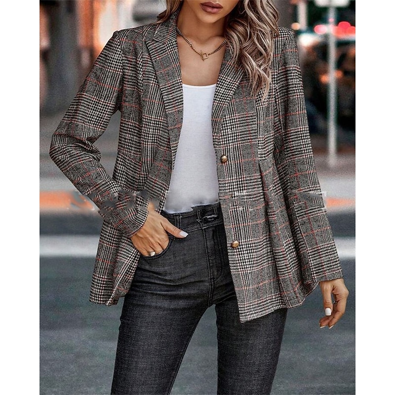 Women's Blazer Comfortable Buttons Elegant Fashion Outdoor Lattice Going out Casual Daily Weekend Cardigan Regular Lapel Regular Fit Long Sleeve Outerwear Black Orange Spring Fall2