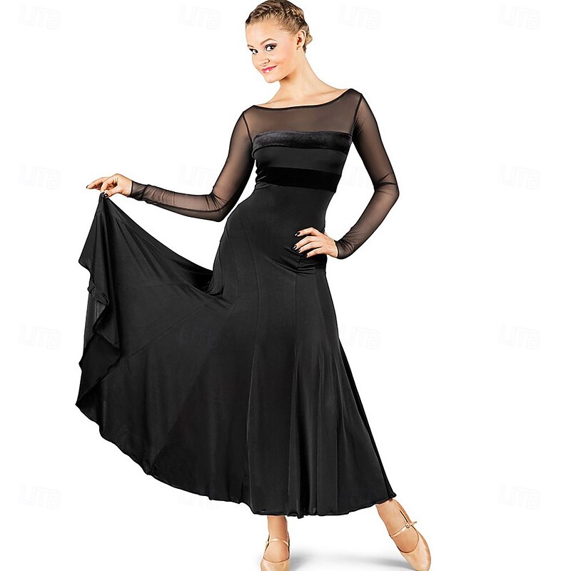 Women's Black Ballroom Dance Dress with Long Sheer Sleeves,  Floor-Length, Elegant Performance Wear for Latin, Tango, or Social Dance