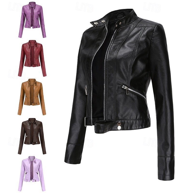 Women's Faux Leather Jacket Comfortable Zipper Pocket Casual Plain Street Daily Wear Going out Weekend Regular Stand Collar Regular Fit Long Sleeve Outerwear Black Pink Wine Spring Fall - Main Image