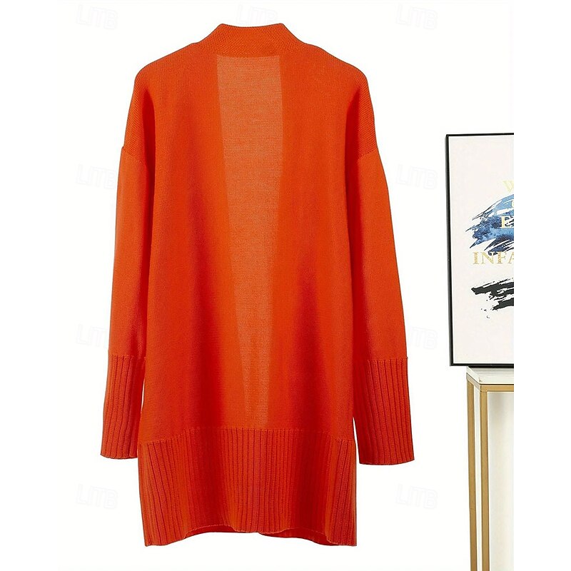 Women's Sweater Cardigan Streetwear Casual Solid Color V Neck Pocket Knitted Long Sleeve Long Tops Knit Daily Holiday Going out Orange Apricot Fall Winter4