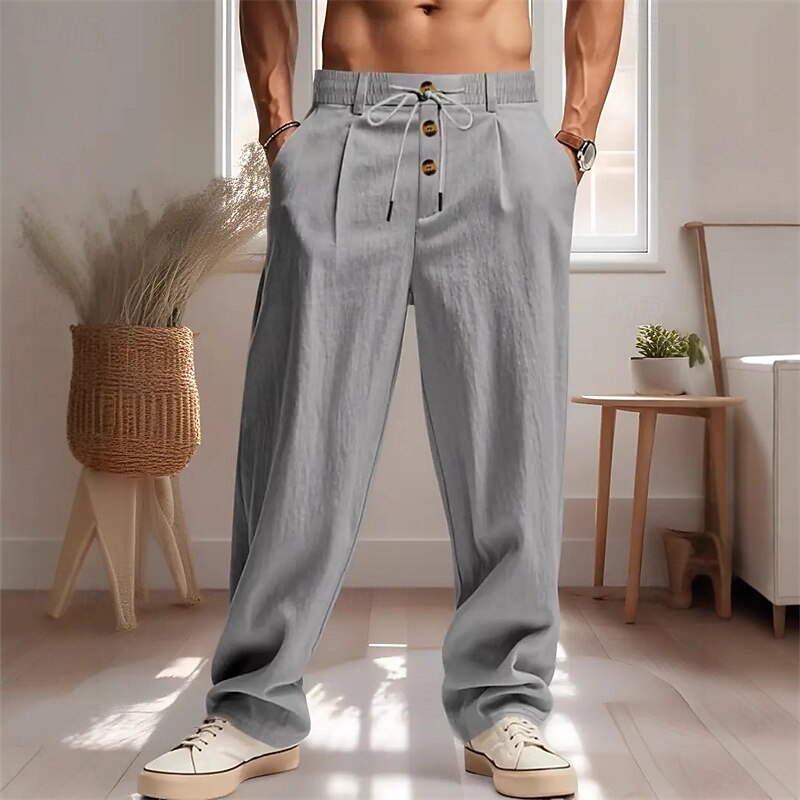 Men's Linen Pants Trousers Summer Pants Beach Pants Pocket Buttons Plain Comfort Breathable Vacation Daily Holiday Hawaiian Boho Black White2
