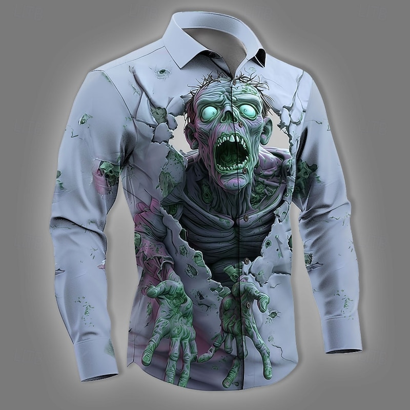 Halloween Men's Zombies Skeleton Horror Shirt Button Up Shirt Long Sleeve Dark Gothic Style Holiday Streetwear Spring Fall Turndown 3D Print Collared Shirts Blue Green Khaki3