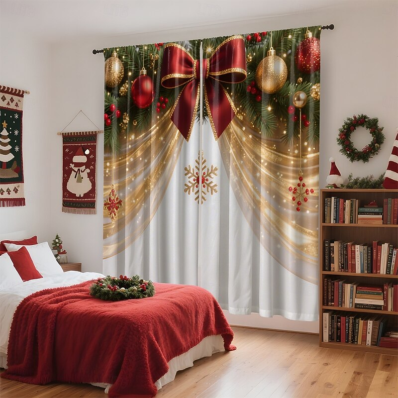 Plain Weave Nylon Digital Print Christmas Curtain, Blackout Window Drapes, American and European Style Holiday Decoration2