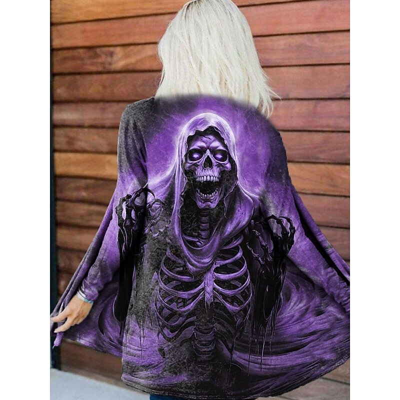Women's Coat Lightweight Comfortable Print Vintage Artistic Casual Halloween Skull Casual Long Collarless Regular Fit Long Sleeve Outerwear Blue Purple Green Spring Fall3