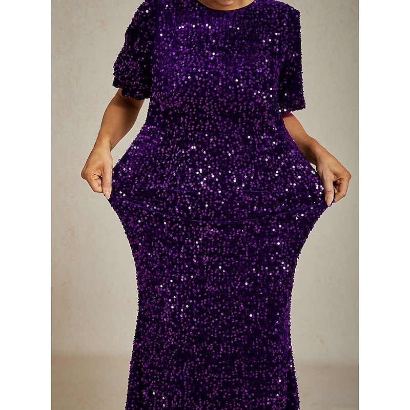 Women's Midi Dress Sheath Dress Elegant Wedding Party Sequin Short Sleeve Crew Neck Eggplant Spring Fall Winter3